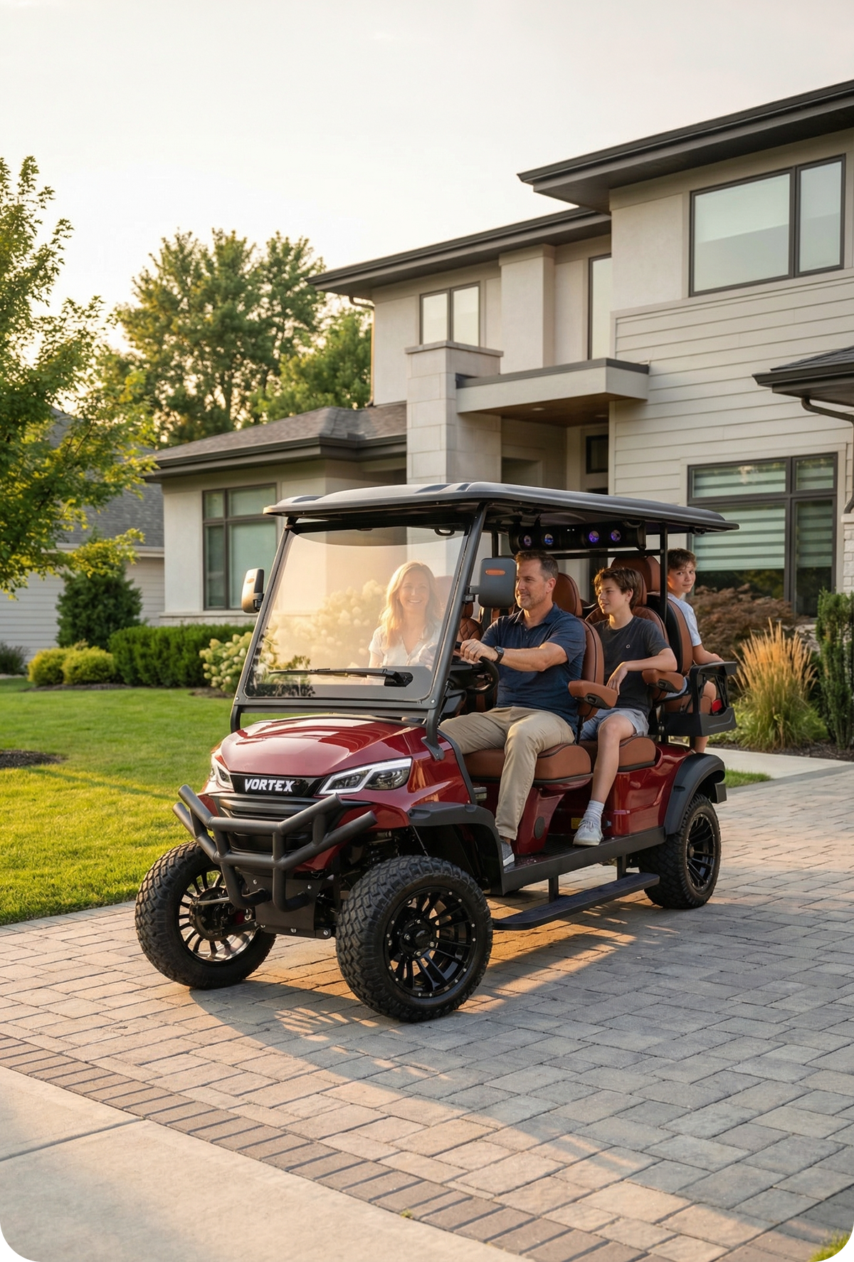 Family riding Edge-EV Vortex in front of luxury home